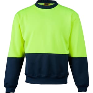 Hi-Vis two-tone windcheater in fluorescent yellow and navy, featuring a crew neck and ribbed cuffs. It has a logo.