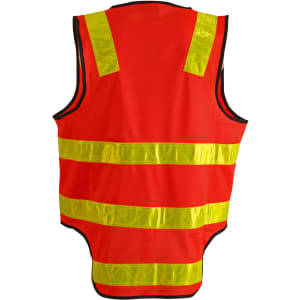 A high-visibility orange safety vest featuring reflective yellow stripes and a logo. Suitable for road safety.