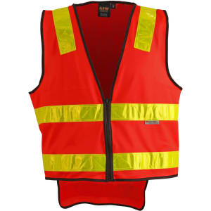A bright orange safety vest featuring reflective yellow stripes and a front zipper, with a logo on the chest area.