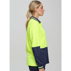 A long-sleeve high-visibility polo shirt in neon yellow with navy blue accents, featuring a collar and a logo.