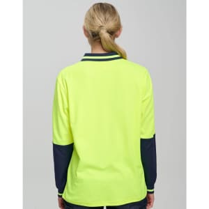 A high-visibility long-sleeve safety polo in bright yellow with navy blue sleeves. Features a collar and logos.