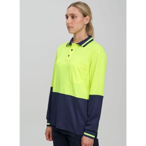 Hi-Vis long-sleeve safety polo in bright yellow with navy blue accents and a pocket, featuring a logo.