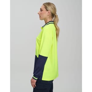A long-sleeve safety polo shirt in hi-vis yellow and navy, featuring a collar and a logo.
