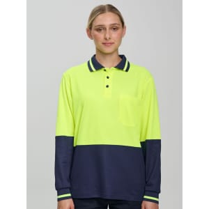 A long-sleeve safety polo shirt in high-visibility yellow with a navy blue lower section and a chest pocket.