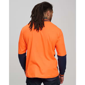 An orange long-sleeve safety polo shirt with navy blue accents and a branded logo on the back.
