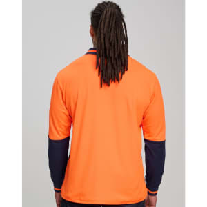 An orange long-sleeve safety polo shirt with navy blue sleeves and a branding logo.