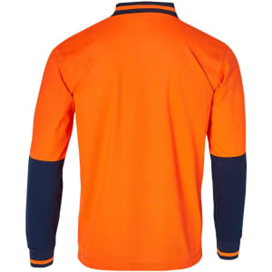 An orange long-sleeve polo shirt featuring navy sleeves and a collar, designed for workwear. Includes a logo.