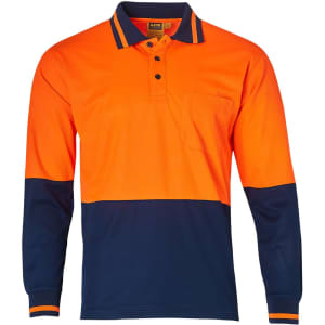 A long-sleeve safety polo shirt in orange and navy blue, featuring a pocket and a logo on the chest.