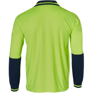 A long-sleeved work polo shirt in high visibility green with navy blue accents on the sleeves and collar, featuring a logo.