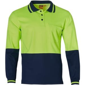 A long-sleeve safety polo shirt in bright green with navy blue accents and a chest pocket, featuring a logo.
