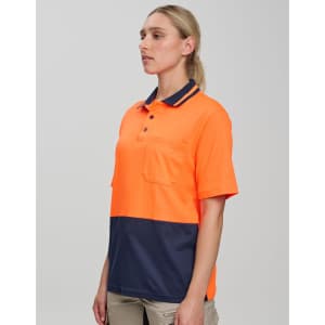 A short-sleeve polo shirt in high-visibility orange with a navy blue bottom, featuring a pocket and branding.