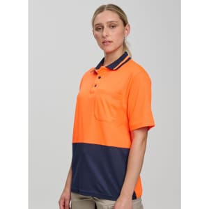A bright orange and navy safety polo shirt with a chest pocket and a logo.