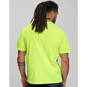 A bright yellow safety polo shirt with short sleeves, featuring a logo on the back.
