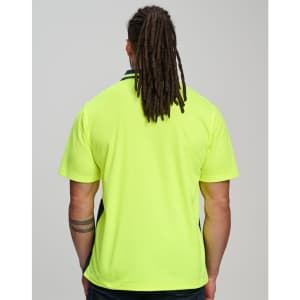 A Hi-Vis yellow safety polo shirt with a navy trim, featuring a logo on the back.