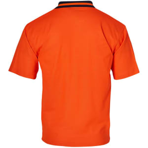 An orange short-sleeved polo shirt with a black collar, featuring a logo.