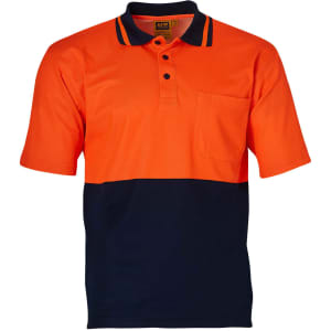 A short-sleeved safety polo in high-visibility orange and navy blue, featuring a pocket and branding.