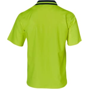 A bright high-visibility yellow safety polo shirt with short sleeves and a contrasting collar, featuring a logo.