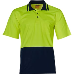 A bright yellow and navy short-sleeved safety polo shirt with a pocket and a logo.