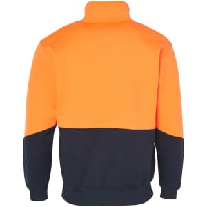 A high-visibility long-sleeve windcheater with an orange upper and navy lower section, featuring a collar.