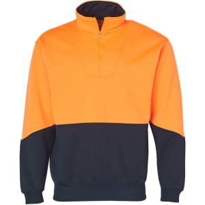 A Hi-Vis long sleeve windcheater collar in bright orange and navy, featuring a zip and a logo.