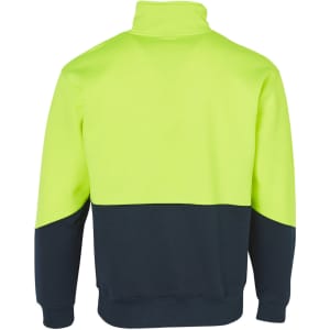 A two-toned long-sleeve windcheater collar in high visibility yellow and navy blue with a logo.