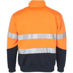 A long-sleeve, high-visibility fleece jumper in orange and navy, featuring silver reflective stripes and a collar.