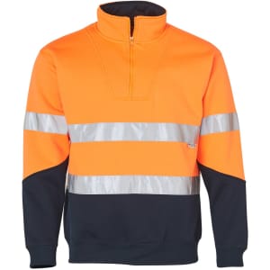 Hi-Vis long sleeve collar sweater in orange and navy, featuring reflective 3M tapes. Includes a zip collar and logo.