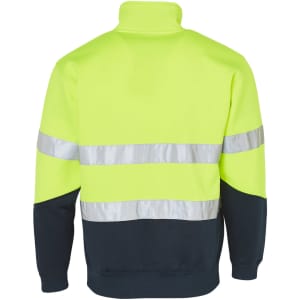 A high-visibility long-sleeve fleece collar sweater in bright yellow with reflective tape and a navy lower section.