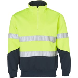 Hi-vis long sleeve fleece collar sweater in bright yellow with silver reflective stripes and navy blue accents.