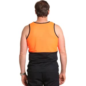 A safety singlet featuring a bright orange upper section and black lower portion, with a logo displayed.