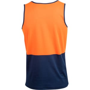 A safety singlet featuring a bright orange upper and dark navy lower, designed for high visibility. It has a logo.