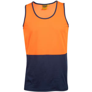 A hi-vis singlet in bright orange with a navy blue bottom section, featuring a logo on the label.