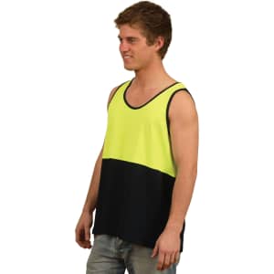 A high-visibility safety singlet in bright yellow and black, with a logo on the front.