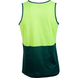 A high-visibility safety singlet featuring a bright yellow front and dark green back, with a logo on it.