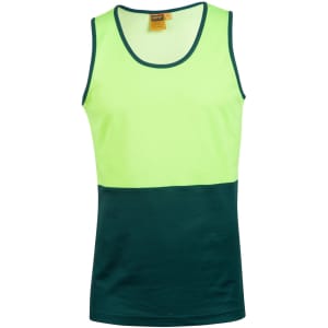 A high-visibility singlet in bright yellow and dark green, featuring a logo on the fabric.