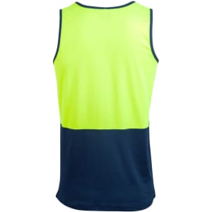 A bright yellow and navy mesh knit safety singlet with a logo, designed for workwear use.