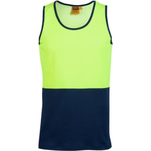 A Hi-Vis safety singlet featuring a bright yellow upper section and a navy blue lower section, with a tag inside.