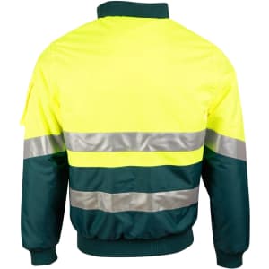A Hi-Vis two-tone jacket in fluorescent yellow and dark green with reflective 3M tape across the back.