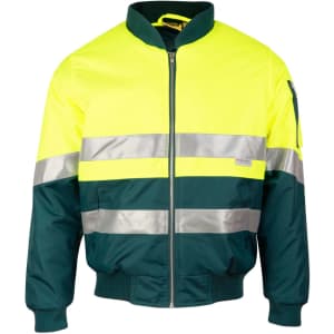 A high-visibility two-tone flying jacket in yellow and dark green, featuring reflective 3M tapes and a zippered front.