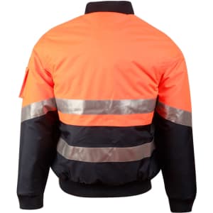 A Hi-Vis two-tone flying jacket in orange and navy, featuring reflective 3M tapes. Includes a visible logo.