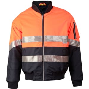 A Hi-Vis two-tone flying jacket in orange and black with reflective 3M tape details and a zip pocket.