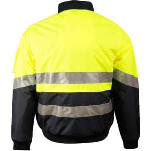 A hi-vis two-tone flying jacket in bright yellow and black, featuring reflective 3M tapes and a logo.