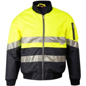 Hi-Vis two-tone jacket in bright yellow and black, featuring reflective 3M tapes and a zippered front. Includes a pocket.