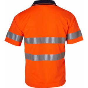 An orange short-sleeve safety polo shirt featuring reflective 3M tape stripes. The shirt has a navy collar and branding.