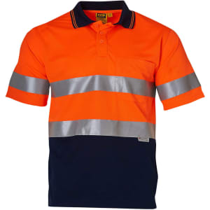 An orange and navy short-sleeve safety polo with reflective 3M tape and a pocket, featuring a logo on the front.