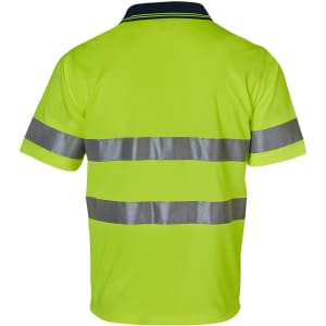 A bright yellow safety polo shirt featuring reflective silver stripes on the back. It includes a collar and branding.