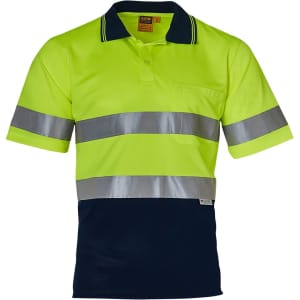 A high-visibility short-sleeve safety polo in fluorescent yellow with navy and reflective silver stripes, featuring a pocket.