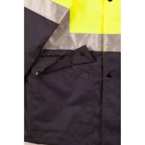 A high-visibility two-tone rainproof safety jacket featuring bright yellow and navy with reflective strips and a pocket.