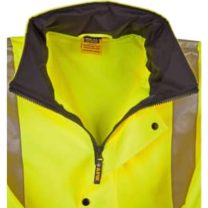 A hi-vis yellow rainproof safety jacket featuring 3M reflective tapes and a zip collar. It includes a logo.