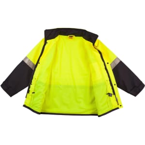A Hi-Vis two-tone rainproof safety jacket in bright yellow and black, featuring 3M reflective tape and an open front.